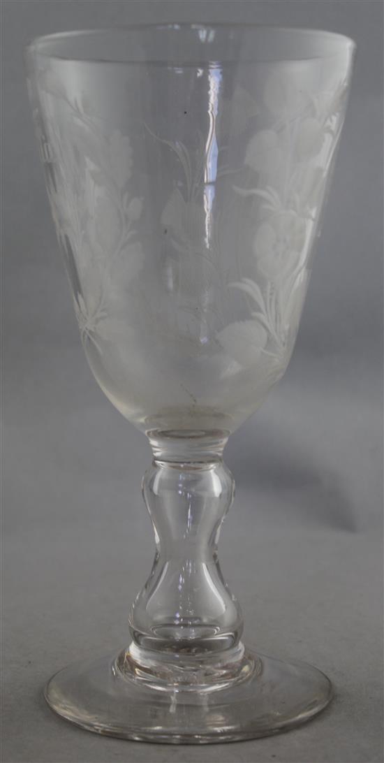 A Jacobite inspired wheel engraved glass goblet, late 19th / early 20th century 23.2cm